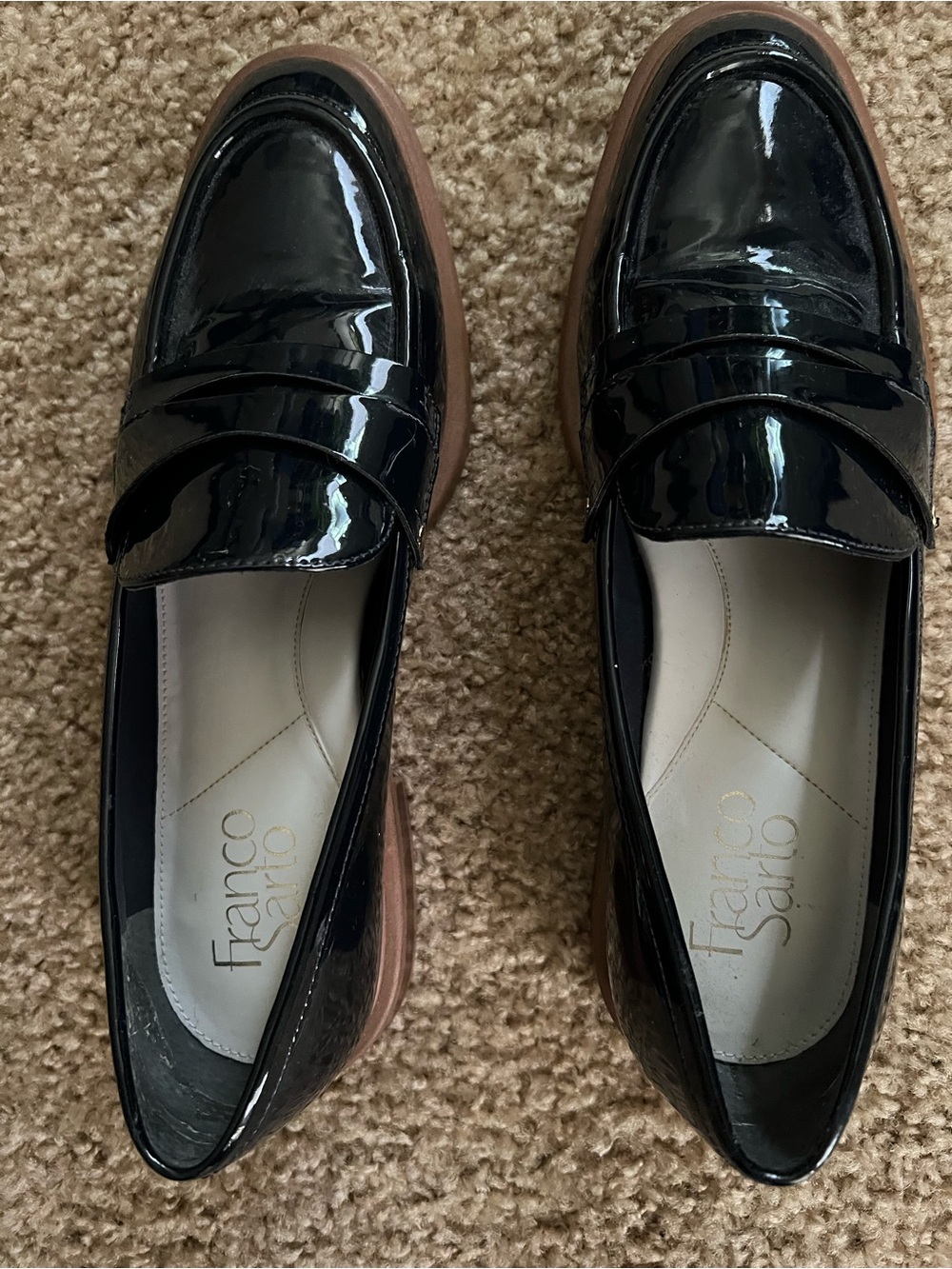 Franco Sarto Navy Patent Loafers with Brown Sole